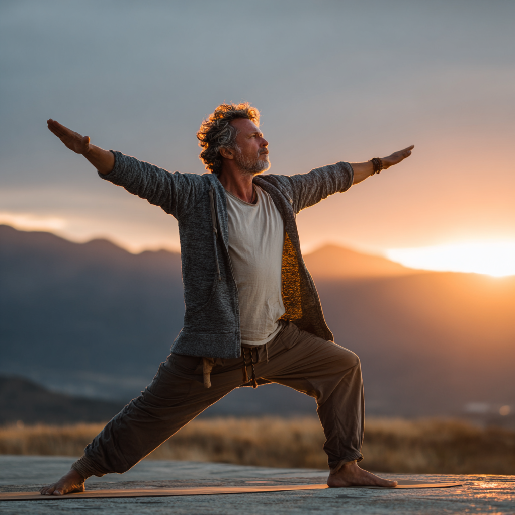 Mature man in his 50s performing a yoga warrior pose outdoors at sunrise, showing strength and balance with mountains in background